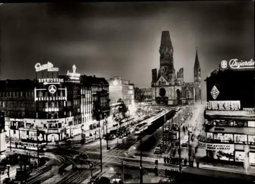 Ak Berlin Charlottenburg, Nachtaufnahme, Kaiser-Wilhelm-Gedächtniskirche, Kurfürstendamm, Werbeta