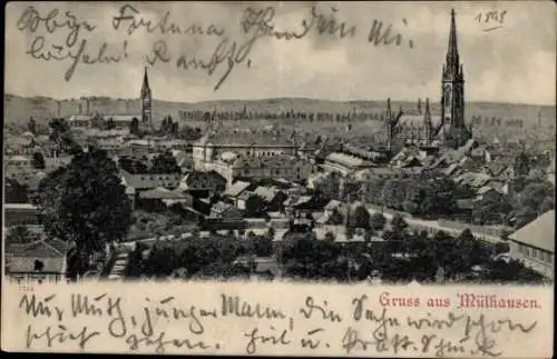 Ak Mulhouse Mülhausen Elsass Haut Rhin, Stadtansicht, Kirchen, alte Gebäude, Gruss aus  1898