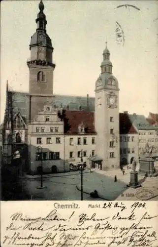 Ak Chemnitz Sachsen, Blick auf den Markt, Denkmäler, Rathaus