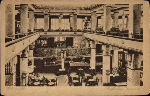 Ak Köln am Rhein, Kaffeehaus Germania, Innenansicht, große Säulen, elegante Möbel