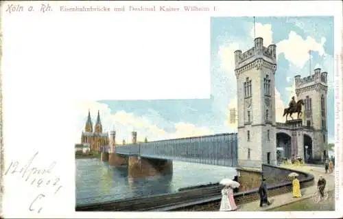 Ak Köln am Rhein, Eisenbahnbrücke, Denkmal Kaiser Wilhelm I.