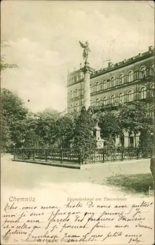 Ak Chemnitz in Sachsen, Siggesdenkmal, Theaterplatz,  Statue, grüne Umgebung