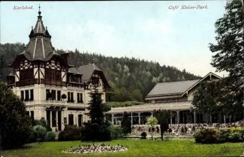 Ak Karlsbad in Baden, Café Kaiser-Park, prächtiges Gebäude, Parklandschaft
