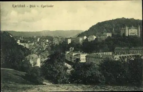 Ak Karlsbad in Baden, Panorama von  Hügel, Gebäude, Bäume,  Architektur