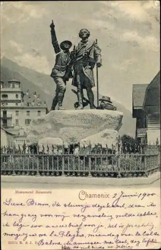 Ak Chamonix Mont Blanc Haute Savoie, Denkmal Saussure, Berglandschaft, Alte Architektur