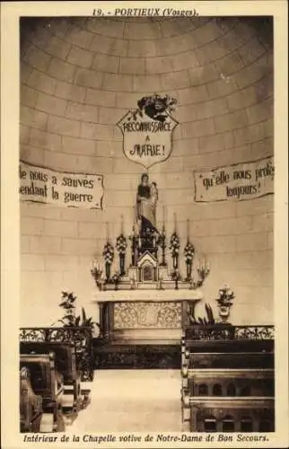 Ak Portieux Vosges, Innenansicht der Kapelle, Statue von Maria, Inschrift zum Krieg
