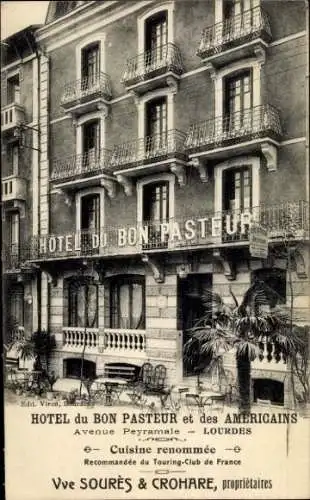 Ak Lourdes Hautes Pyrénées, Hotel du Bon Pasteur et des Americains, Avenue Peyramale