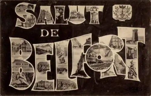 Ak Belfort Beffert Beffort Territoire de Belfort, Kunstvolle Schrift "SALUT DE BELFORT", Landscha