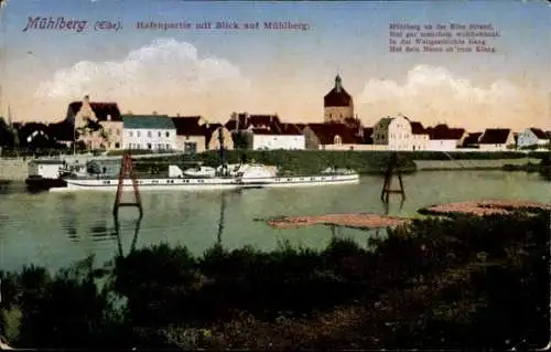 Ak Mühlberg an der Elbe, Hafenpartie mit Blick auf Mühlberg, Gedicht auf der Vorderseite