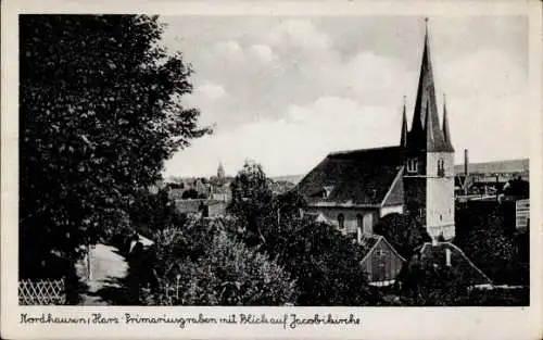 Ak Nordhausen am Harz, Blick auf Jacobikirche, Primariusgraben, Harz