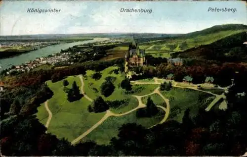 Ak Königswinter am Rhein, Panoramaansicht, Drachenburg, Petersberg, Rheinlandschaft