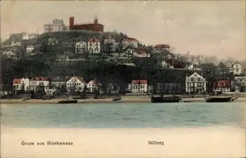 Ak Hamburg Altona Blankenese, Panorama mit Hügel, Häusern, Booten, Berg mit Kirche, Gruss aus Bla