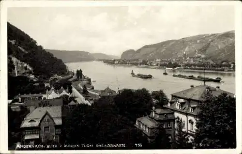 Ak Andernach am Rhein, Blick auf den Rhein, runden Turm, Schiffe auf dem Wasser, Hügel im Hinterg