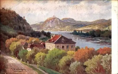 Ak Rolandseck Remagen am Rhein, Berglandschaft, Fluss, Gebäude, Bäume, Herbstfarben