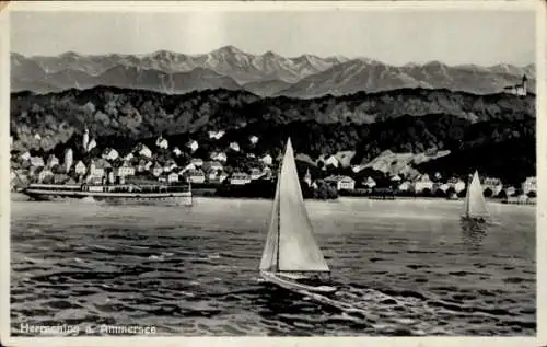 Ak Herrsching am Ammersee, Blick ans Ufer, Segelboote, Gebirge