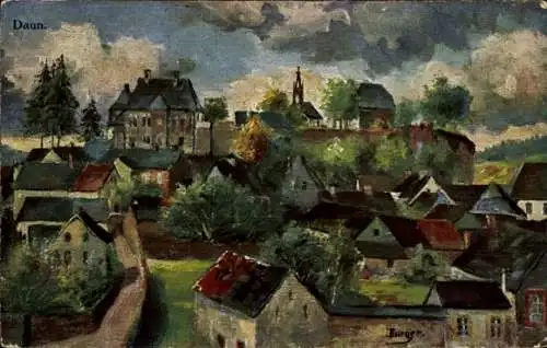 Ak Daun in der Eifel, Landschaftsmalerei, Häuser, Kirche, Wolken, Eifel
