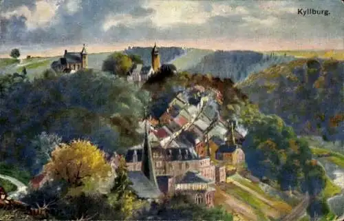 Künstler Ak Bürger, Kyllburg Eifel, Blick auf Kirche und den Ort, Turm