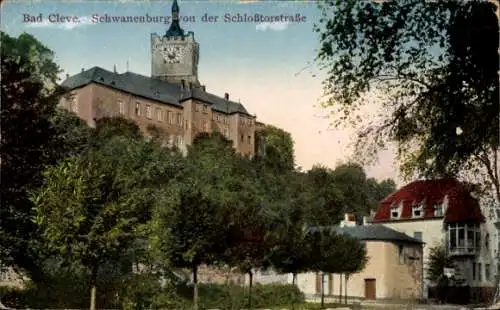 Ak Bad Cleve Kleve am Niederrhein, Schwanenburg, Schloßtorstraße, Uhrturm,  Architektur