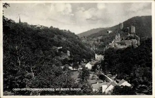Ak Niedermanderscheid Manderscheid in der Eifel, Blick auf Ober- und Nieder  zwei Burgen, bewalde