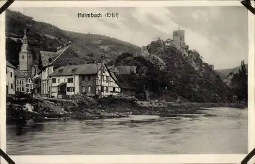 Ak Heimbach in der Eifel, Blick auf Fachwerkhäuser, Ruine, Berg