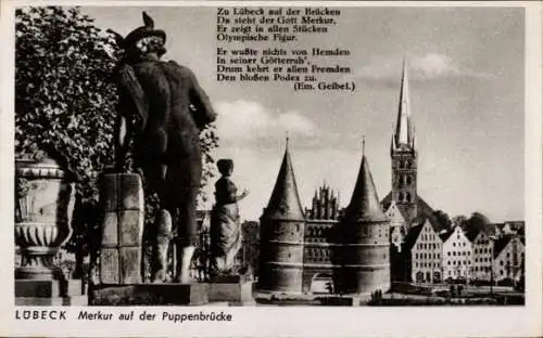 Ak Hansestadt Lübeck, Statue von Merkur, Puppenbrücke, gotische Gebäude, Ausschnitt von Lübeck