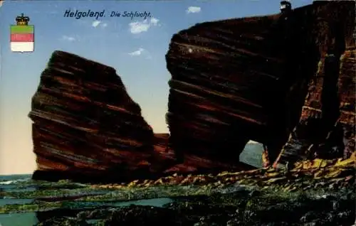Ak Nordseeinsel Helgoland, Felsenlandschaft, Meer, Schlucht, blauer Himmel, Text: Helgoland. Die 