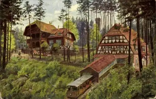 Ak Heidelberg am Neckar, Fachwerkhaus, Restaurant, Bergbahn-Station, Waldlandschaft, Zug