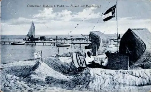 Ak Neustadt in Holstein, Ostseebad Dahme, Strand, Bootssteg, zwei Personen in Strandkörben