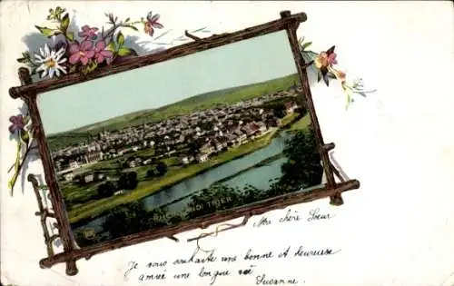 Ak Trier an der Mosel, Blick auf  Landschaft mit Fluss, Blumenornament