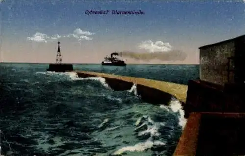 Ak Ostseebad Warnemünde Rostock, Leuchtturm, Dampfer, Hafenpromenade, Wellen