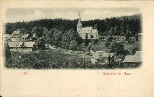 Ak Schierke Wernigerode im Harz, Kirche, ländliche Häuser, Bäume, Berglandschaft