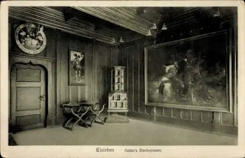 Ak Lutherstadt Eisleben, Innenraum, Luther's Sterbezimmer, Holzvertäfelung, Gemälde, Stuhl Set