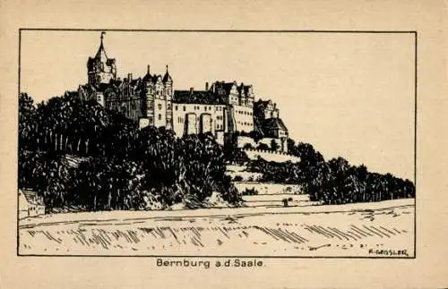 Ak Bernburg an der Saale, Schloss Bernburg, idyllische Lage, gezeichnet von R. Geisler