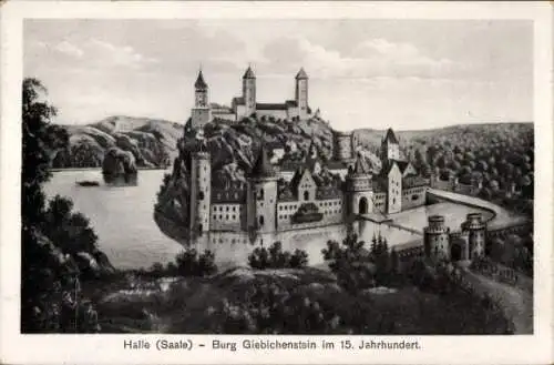 Ak Giebichenstein Halle an der Saale, Burg Giebichenstein im 15. Jahrhundert, Schwarz-Weiß-Darste