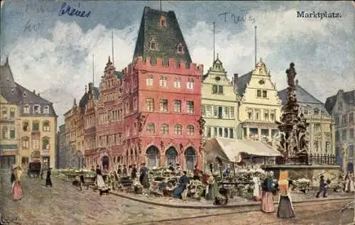 Ak Trier an der Mosel, Farbenfrohe Marktansicht,  Architektur, Brunnen, Menschen