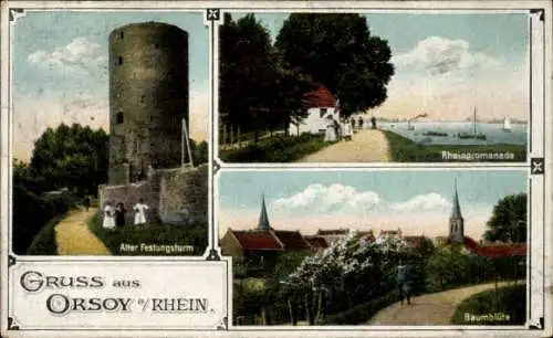 Ak Orsoy Rheinberg am Niederrhein, Alter Festungsturm, Rheinpromenade, Baumblüte
