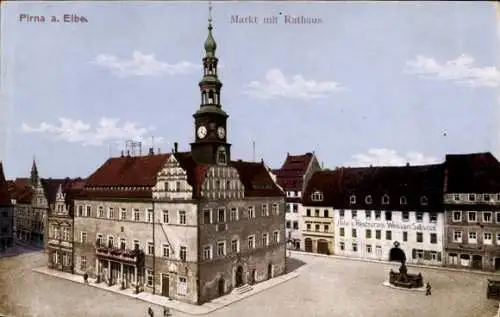 Ak Pirna an der Elbe, Markt mit Rathaus, H&Restaurant Weissen Sawan