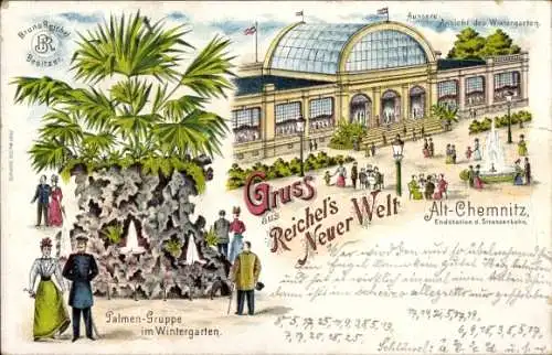 Litho Chemnitz Sachsen, Reichels Neue Welt, Inh. Bruno Reichel, Wintergarten, Palmengruppe, Besucher