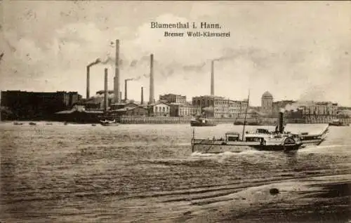 Ak Blumenthal (Hannover) Hansestadt Bremen, Fabrikansicht mit Dampfer, Industrieanlagen, rauchend