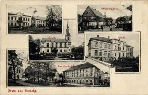 Ak Gaußig in der Oberlausitz, Straßenpartie, Kirche, Schule, Gasthof