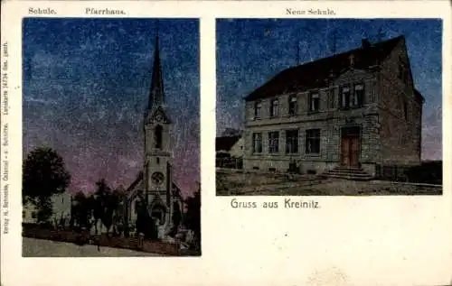 Ak Kreinitz Zeithain in Sachsen, Kirche, Pfarrhaus, neue Schule, Gruss aus Kreinitz