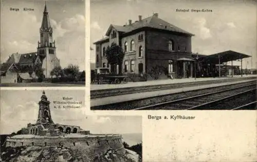 Ak Berga am Kyffhäuser, Kaiser Wilhelm Denkmal, Bahnhof Berga Kelbra, Kirche