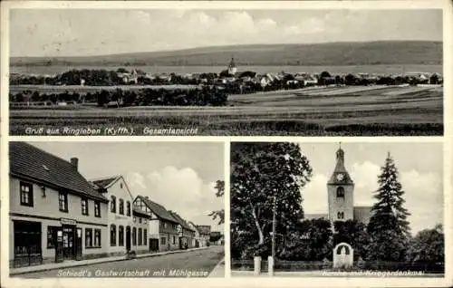 Ak Ringleben Bad Frankenhausen im Kyffhäuserkreis, Gesamtansicht, Schiedt's Gastwirtschaft, Kirch