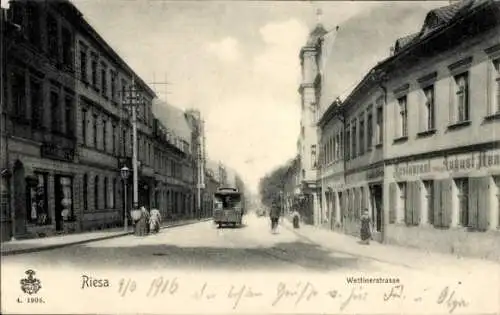 Ak Riesa an der Elbe Sachsen, Wettinerstraße, Restaurant August, Straßenbahn, alte Gebäude
