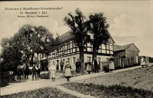 Ak Neuhäusern Krumhermsdorf Neustadt in Sachsen, Restaurant von Gustav Michel, Anwohner, Pferde