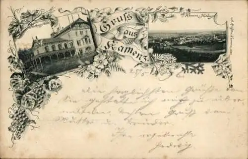 Ak Kamenz in Sachsen, Hutberg-Hotel, Panorama vom Hutberg gesehen