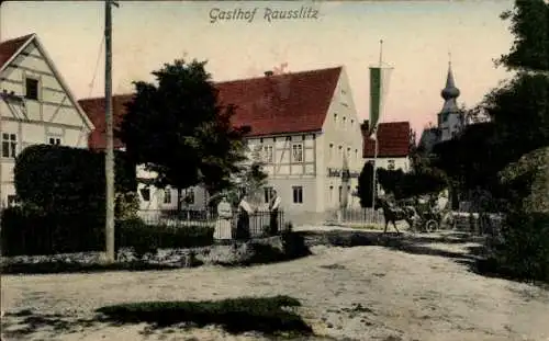 Ak Rausslitz Raußlitz Nossen in Sachsen, Gasthof  Landstraße, Pferdewagen, Menschen