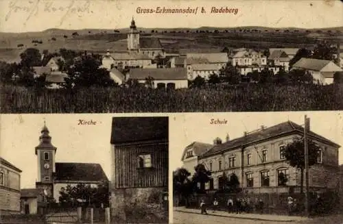 Ak Großerkmannsdorf Radeberg Sachsen, Kirche, Schule, Totalansicht der Ortschaft