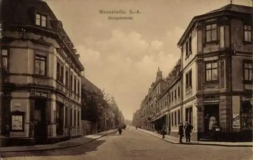 Ak Meuselwitz im Kreis Altenburger Land, Partie in der Georgenstraße, Zur goldenen Ecke, Fritz Sorge