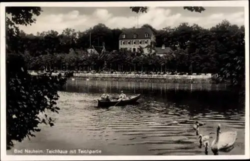 Ak Bad Nauheim in Hessen, Teichhaus mit Teichpartie, Schwäne, Ruderboot